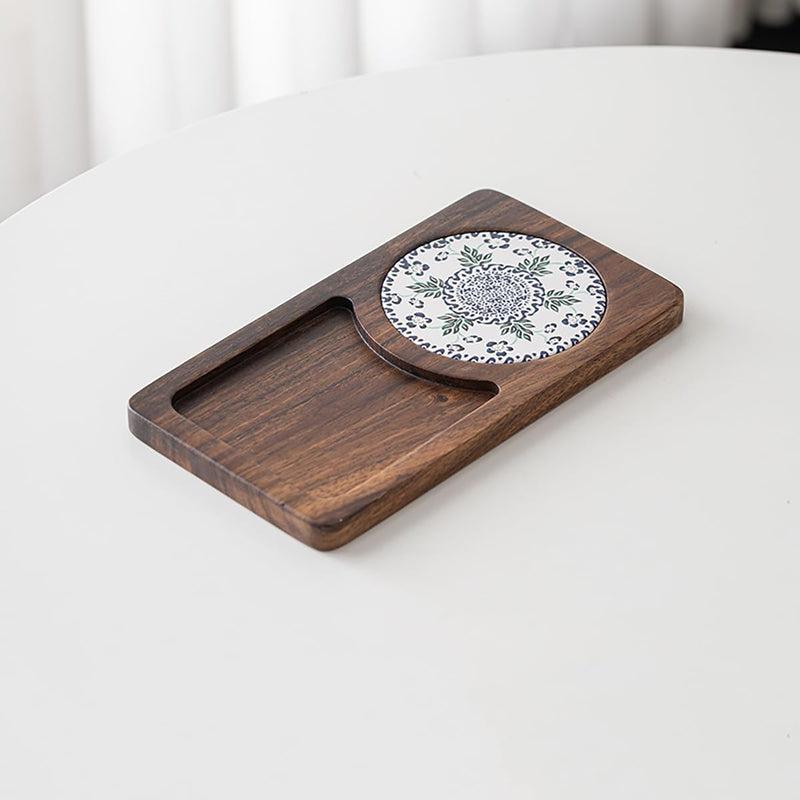 MIYUNO トレー コースター 丸型 仕切り 木製 茶席 お盆 天然木 トレイ 小物入れ 茶道具 茶托 盛器 お皿 小皿 豆皿 胡桃色 カフェ ティー 中国茶器 急須置き 朝食 カフェスデザート スナックアフタヌーンティー おしゃれ CHAKA-BD