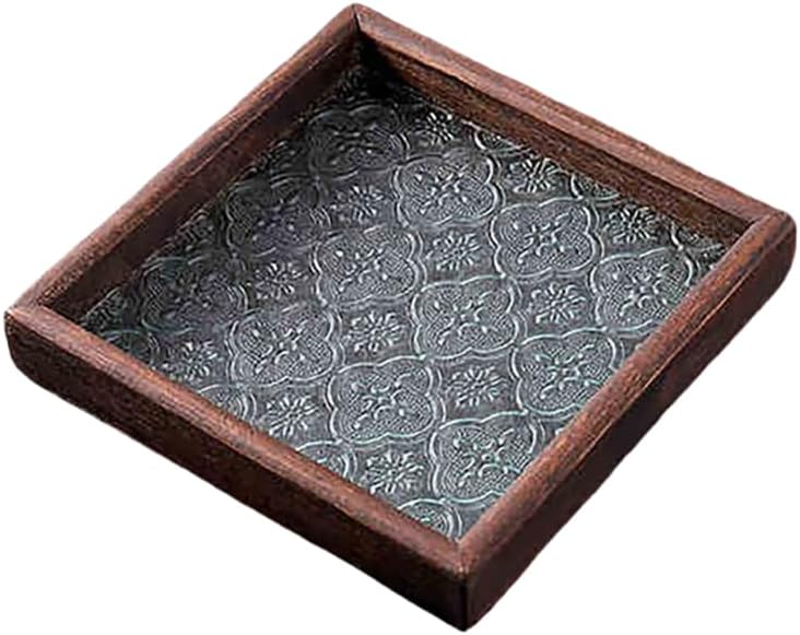 MIYUNOトレー 木製 茶席 お盆 正方形 六角形 トレイ ガラス 小物入れ 茶道具 茶托 おしゃれ 盛器 ガラス皿 小物入れ 茶道具 お皿 小皿 豆皿 胡桃色 カフェトレー ティートレー 中国茶器 急須置き お洒落