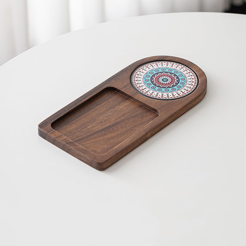 MIYUNO トレー コースター 丸型 仕切り 木製 茶席 お盆 天然木 トレイ 小物入れ 茶道具 茶托 盛器 お皿 小皿 豆皿 胡桃色 カフェ ティー 中国茶器 急須置き 朝食 カフェスデザート スナックアフタヌーンティー おしゃれ CHAKA-BD