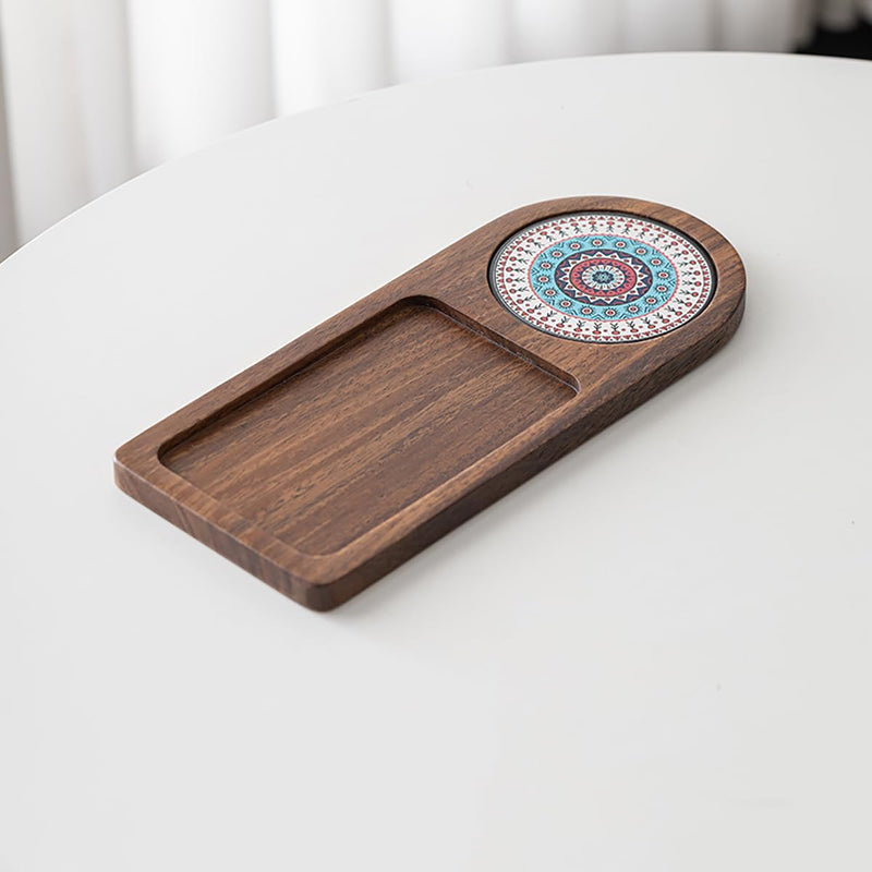 MIYUNO トレー コースター 丸型 仕切り 木製 茶席 お盆 天然木 トレイ 小物入れ 茶道具 茶托 盛器 お皿 小皿 豆皿 胡桃色 カフェ ティー 中国茶器 急須置き 朝食 カフェスデザート スナックアフタヌーンティー おしゃれ CHAKA-BD