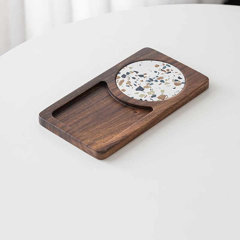 MIYUNO トレー コースター 丸型 仕切り 木製 茶席 お盆 天然木 トレイ 小物入れ 茶道具 茶托 盛器 お皿 小皿 豆皿 胡桃色 カフェ ティー 中国茶器 急須置き 朝食 カフェスデザート スナックアフタヌーンティー おしゃれ CHAKA-BD