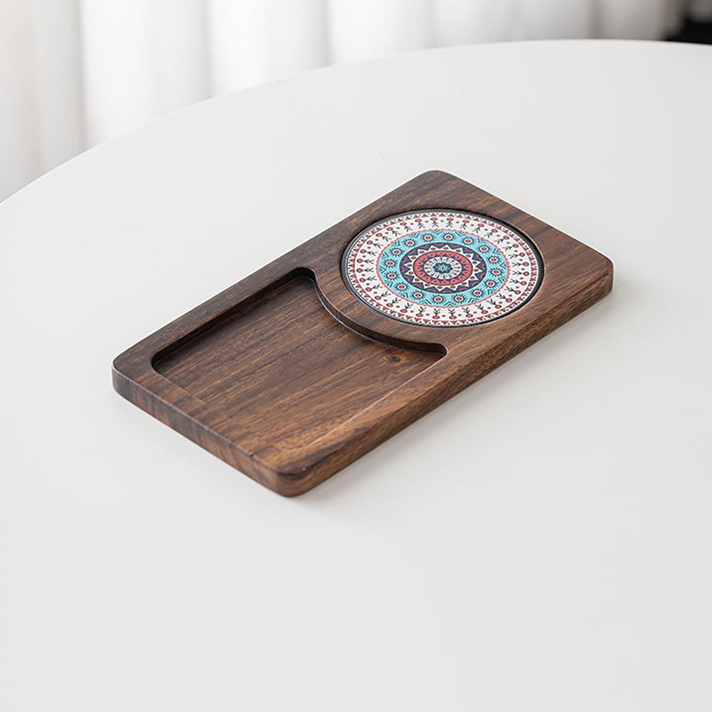MIYUNO トレー コースター 丸型 仕切り 木製 茶席 お盆 天然木 トレイ 小物入れ 茶道具 茶托 盛器 お皿 小皿 豆皿 胡桃色 カフェ ティー 中国茶器 急須置き 朝食 カフェスデザート スナックアフタヌーンティー おしゃれ CHAKA-BD