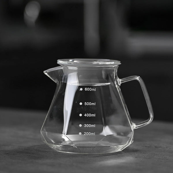 コーヒーサーバー 割れない 耐熱ガラス コーヒードリッパー ハンドドリップセット コーヒー サーバー 高ホウ素シリカガラス材料 直火対応 耐寒性 透明 蓋付き 電子レンジ·食洗機対応 目盛り付き コーヒー用品 使いやすい 洗いやすい 多用途 家用 喫茶店 1~4杯用 ダイヤモンド 600ml