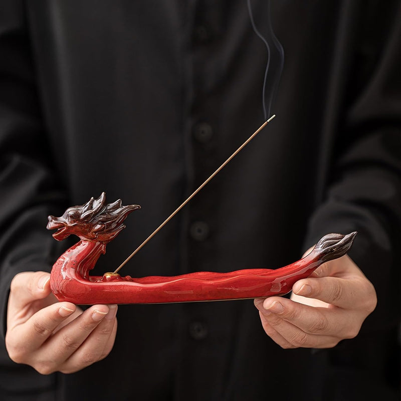 お香立て 灰がこぼれない 横置き 龍 線香立て 陶器 おしゃれ インセンスホルダー 香炉 線香皿 線香 御洒落 人気 仏壇用 睡眠 リラックス 茶室 茶道 瞑想 書斎 長さ21cm グリーン