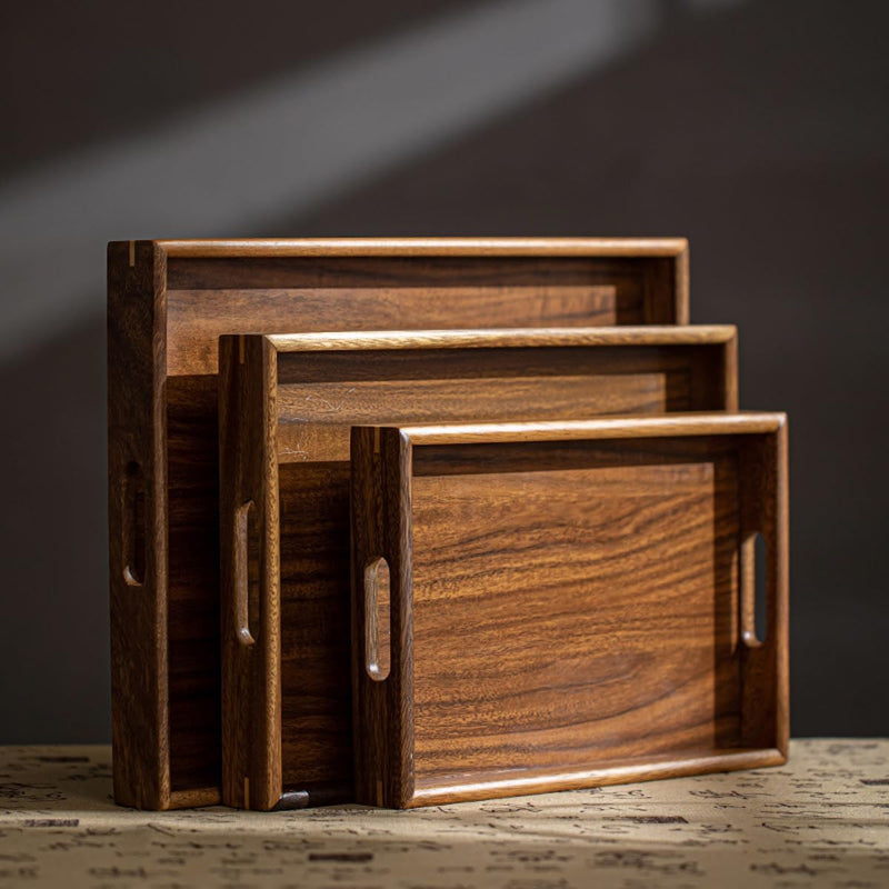 トレー お盆 木製 滑らないトレー ウオルナット 天然木 多目的トレイ 小物入れ 北欧 トレイ カフェトレー コースター 茶托 ティートレー 前菜プレート ランチョン お膳 お茶 食事用 卓上用トレイ 定食用 多機能 便利 家庭用 業務用 40×30×4cm