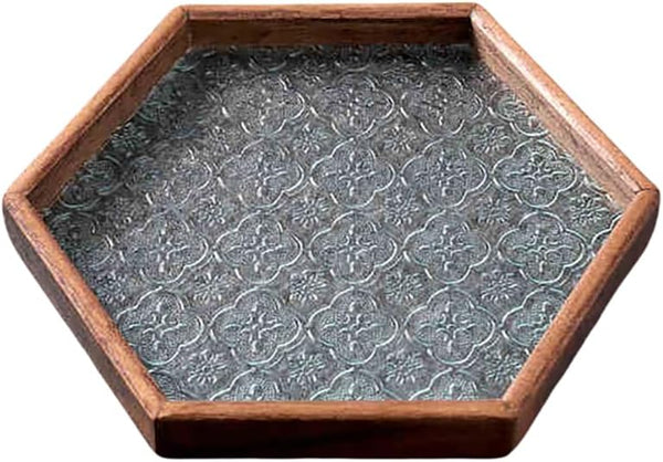 MIYUNOトレー 木製 茶席 お盆 正方形 六角形 トレイ ガラス 小物入れ 茶道具 茶托 おしゃれ 盛器 ガラス皿 小物入れ 茶道具 お皿 小皿 豆皿 胡桃色 カフェトレー ティートレー 中国茶器 急須置き お洒落