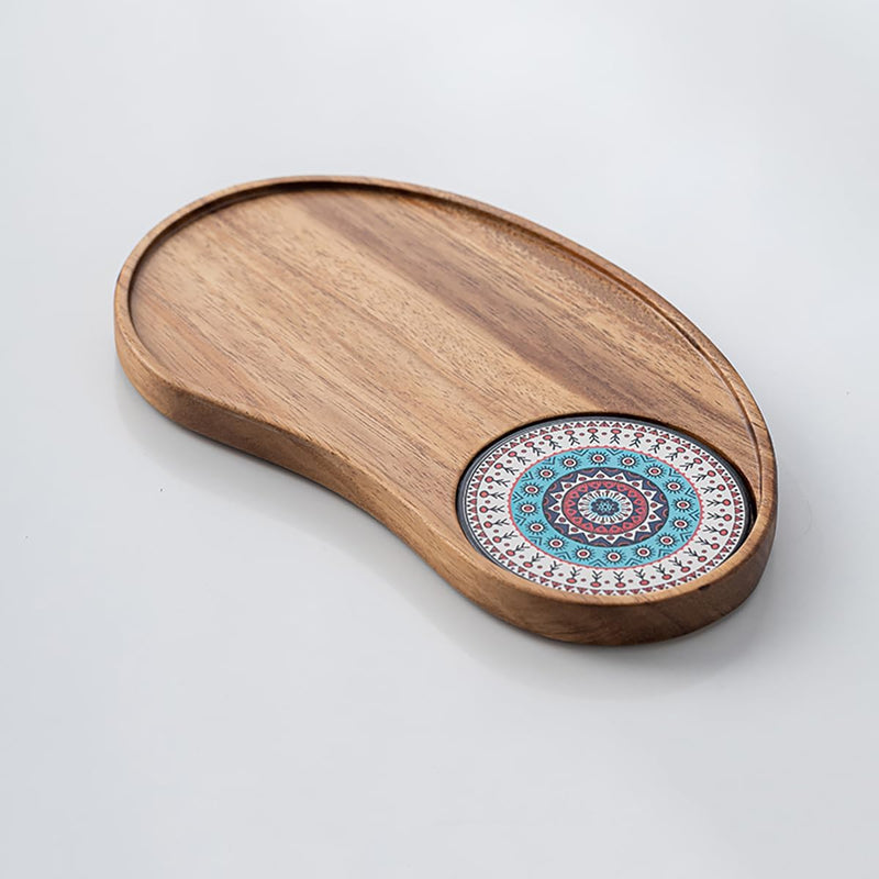 MIYUNO トレー コースター 丸型 仕切り 木製 茶席 お盆 天然木 トレイ 小物入れ 茶道具 茶托 盛器 お皿 小皿 豆皿 胡桃色 カフェ ティー 中国茶器 急須置き 朝食 カフェスデザート スナックアフタヌーンティー おしゃれ CHAKA-BD