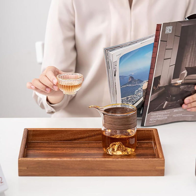 MIYUNO トレイ 果物皿 茶盤 ウォールナット 木製 ハンドル付き おしゃれ フルーツプレート サービングトレイ ナチュラル クルミ 盆 多用途 茶席 キッチン雑貨 ギフトにも クルミ トレイ 漆塗り 木目 bs01