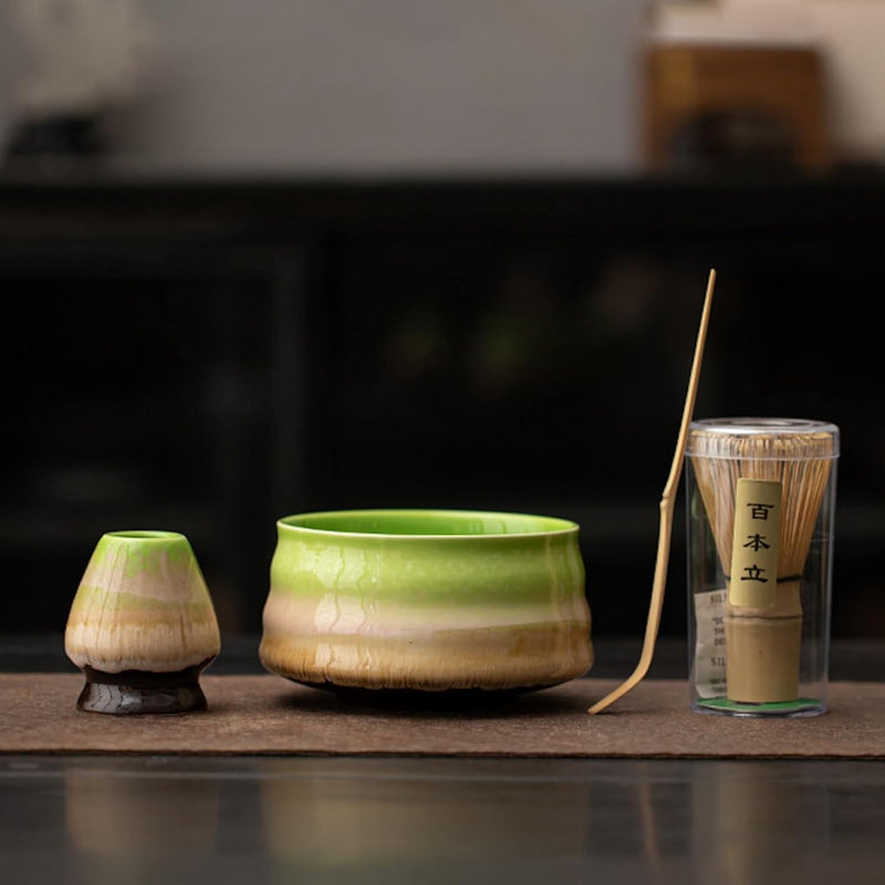 抹茶セット 初心者 お点前セット 茶道具 茶器 セット 4点セット 陶器 抹茶碗 茶杓 茶筅 茶せん 百本立 茶筅立て くせ直し お手入れも簡単 おうち時間グッズ 母の日 父の日 誕生日 贈り物 580ml グラデーショングリーン