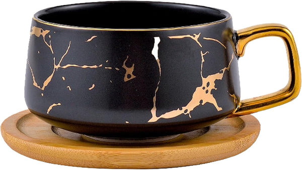 コーヒーカップ 陶器 ソーサー セット セラミック カップアンドソーサー 大容量 ティーカップ 電子レンジ 食洗機対応 コーヒー 珈琲 お茶 ティー 高級 レトロ おしゃれ ソーサー付き 自宅用 カフェ食器 喫茶店 業務用 結婚祝い ギフト 280ml ブラック KFB08