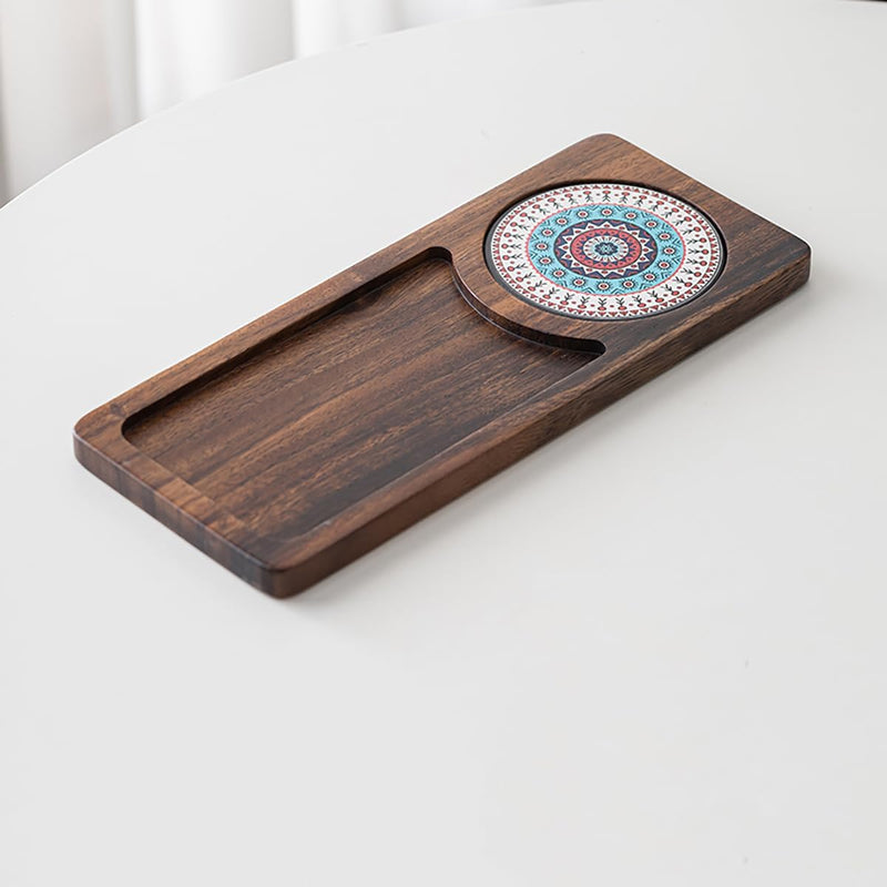 MIYUNO トレー コースター 丸型 仕切り 木製 茶席 お盆 天然木 トレイ 小物入れ 茶道具 茶托 盛器 お皿 小皿 豆皿 胡桃色 カフェ ティー 中国茶器 急須置き 朝食 カフェスデザート スナックアフタヌーンティー おしゃれ CHAKA-BD