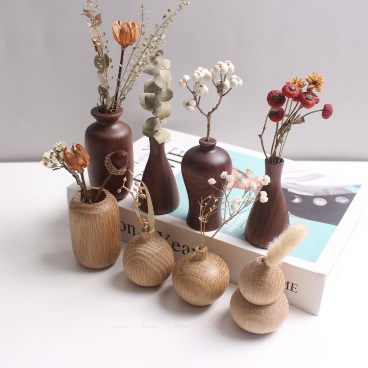 花瓶 木製 一輪挿し フラワーベース 小さい ミニサイズ 割れない flower vase おしゃれ 生け花 花器 インテリア飾り 寝室 造花用 装飾家の装飾 和風花瓶 (穴直径4.5cm、4.5*7cm)