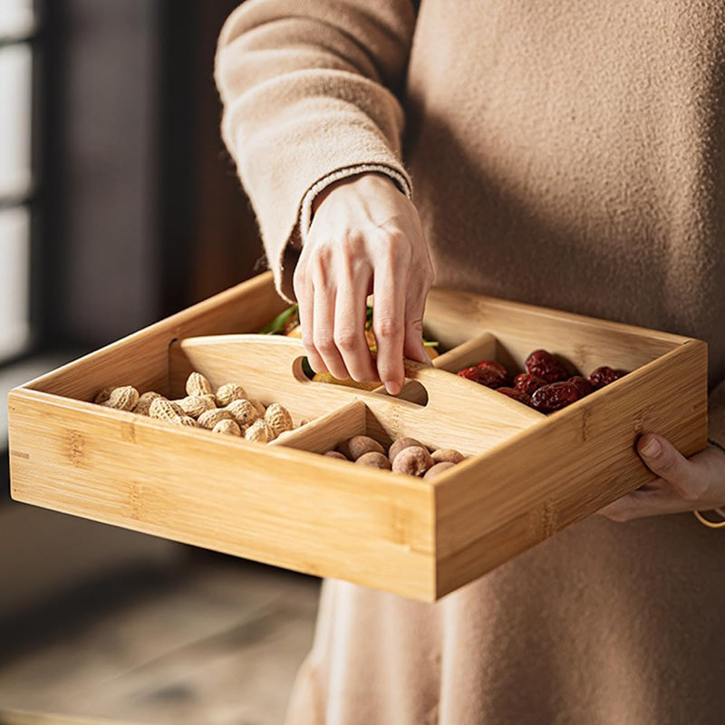 トレー お盆 竹製 滑らないトレー 天然竹 多目的トレイ 小物入れ 北欧 トレイ カフェトレー コースター 茶托 ティートレー 前菜プレート ランチョン お膳 お茶 食事用 卓上用トレイ 定食用 多機能 便利 家庭用 業務用 9グリッド 30.8×30.8×5cm