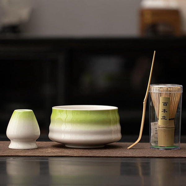 抹茶セット 初心者 お点前セット 茶道具 茶器 セット 4点セット 陶器 抹茶碗 茶杓 茶筅 茶せん 百本立 茶筅立て くせ直し お手入れも簡単 おうち時間グッズ 母の日 父の日 誕生日 贈り物 580ml グラデーショングリーン