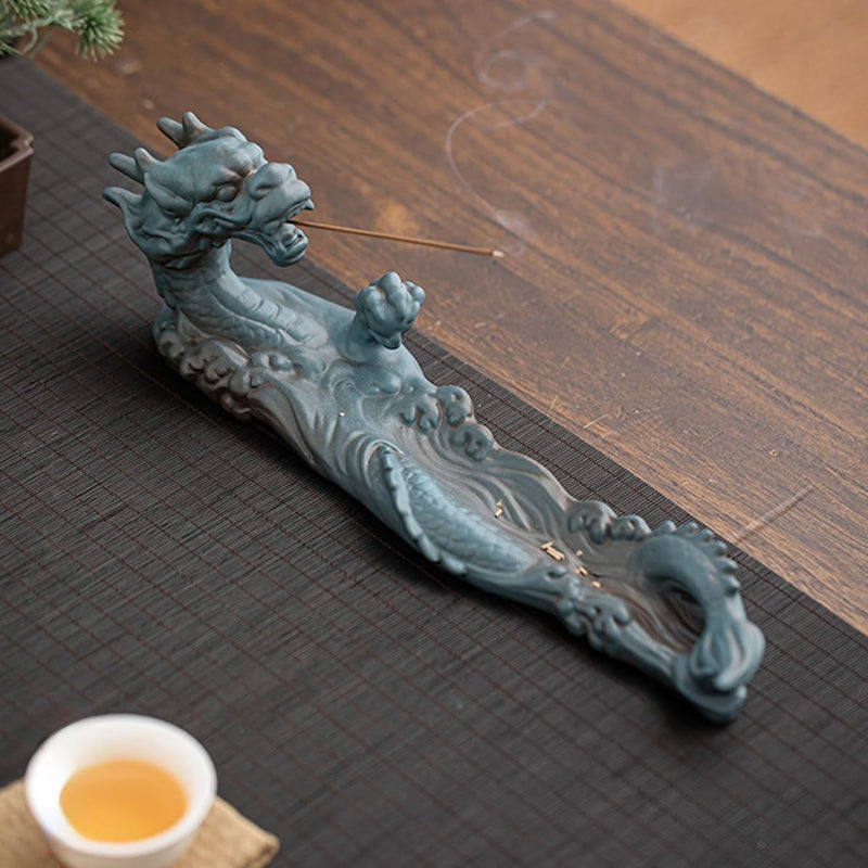 JIKANNOYA お香立て 横置き 龍 線香立て 灰がこぼれない 陶器 おしゃれ インセンスホルダー 香炉 線香皿 線香 御洒落 人気 仏壇用 睡眠 リラックス 茶室 茶道 瞑想 書斎 長さ31cm ブルー
