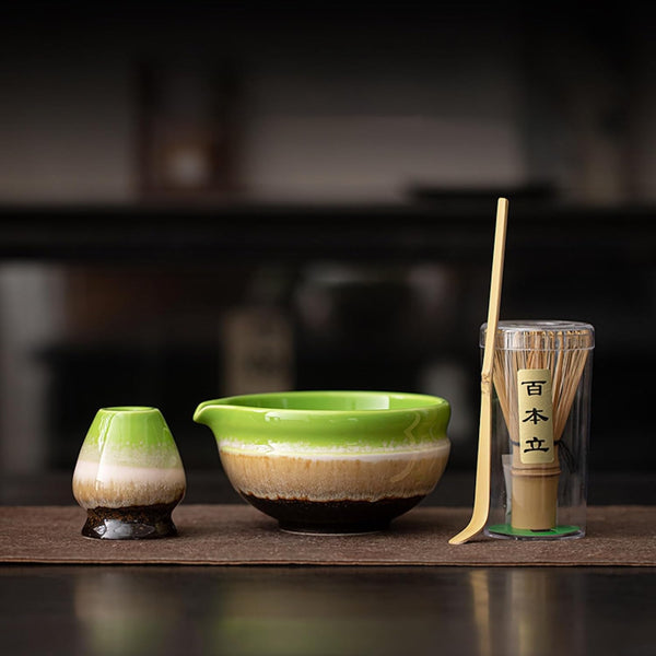 抹茶 セット 抹茶セット 自宅用 茶道具 初心者 4点セット お点前セット 抹茶 陶器 抹茶茶碗 茶杓 茶せん 百本立 茶筅立て くせ直し 茶道セット matcha set for beginners お手入れも簡単 母の日 父の日 誕生日 贈り物 おしゃれ 窯変グリーン 450ml CJ111
