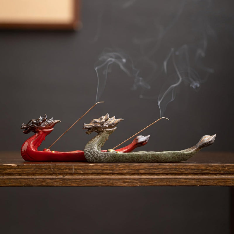 お香立て 灰がこぼれない 横置き 龍 線香立て 陶器 おしゃれ インセンスホルダー 香炉 線香皿 線香 御洒落 人気 仏壇用 睡眠 リラックス 茶室 茶道 瞑想 書斎 長さ21cm グリーン