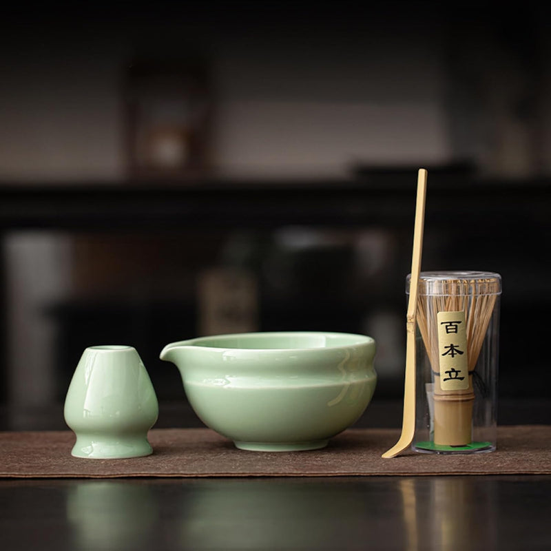 抹茶 セット 抹茶セット 自宅用 茶道具 初心者 4点セット お点前セット 抹茶 陶器 抹茶茶碗 茶杓 茶せん 百本立 茶筅立て くせ直し 茶道セット matcha set for beginners お手入れも簡単 母の日 父の日 誕生日 贈り物 おしゃれ 窯変グリーン 450ml CJ111
