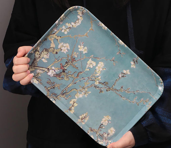 MIYUNOトレー 茶席 お盆 長方形 トレイ ガラス 小物入れ 茶道具 茶托 おしゃれ 盛器 ガラス皿 小物入れ ヴィンテージ花柄アート メラミン 茶道具 お皿 小皿 豆皿 カフェトレー ティートレー 中国茶器 急須置き お洒落 北欧 おしゃれ