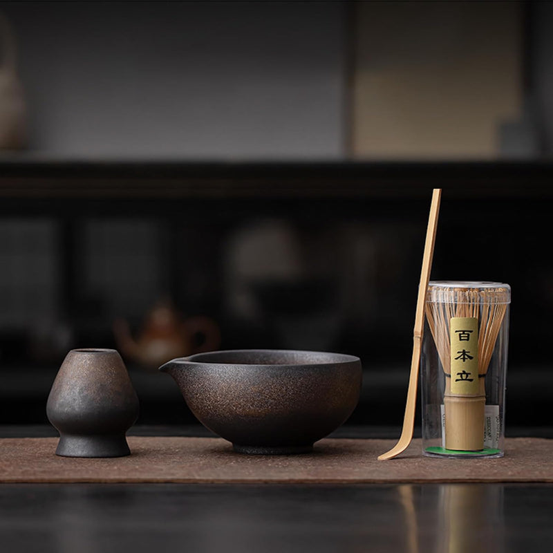 MIYUNO 抹茶セット 茶道具 初心者 自宅用 お点前セット 4点セット 陶器 抹茶茶碗 茶杓 茶筅 茶せん 百本立 茶筅立て くせ直し お手入れも簡単 母の日 父の日 誕生日 贈り物 おしゃれ ブラック 330ml