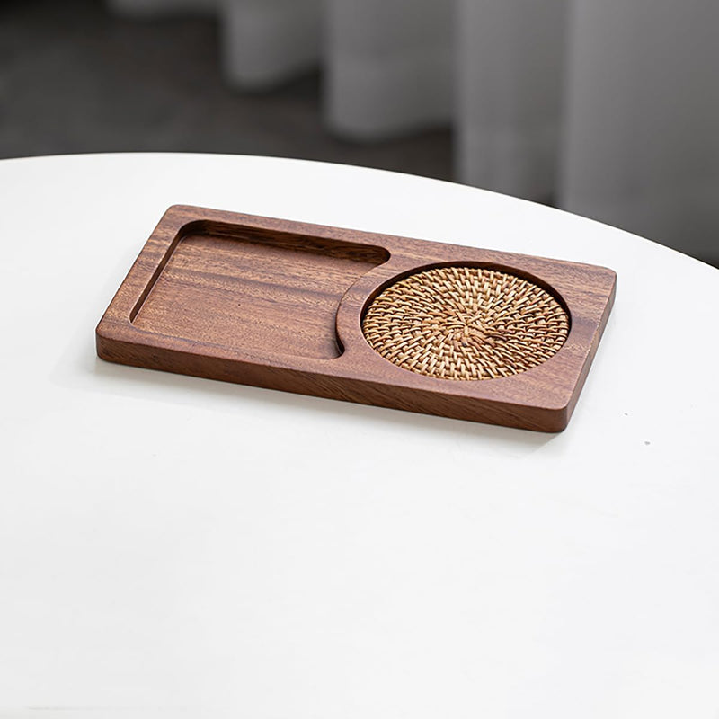 MIYUNO トレー コースター 丸型 仕切り 木製 茶席 お盆 天然木 トレイ 小物入れ 茶道具 茶托 盛器 お皿 小皿 豆皿 胡桃色 カフェ ティー 中国茶器 急須置き 朝食 カフェスデザート スナックアフタヌーンティー おしゃれ CHAKA-BD