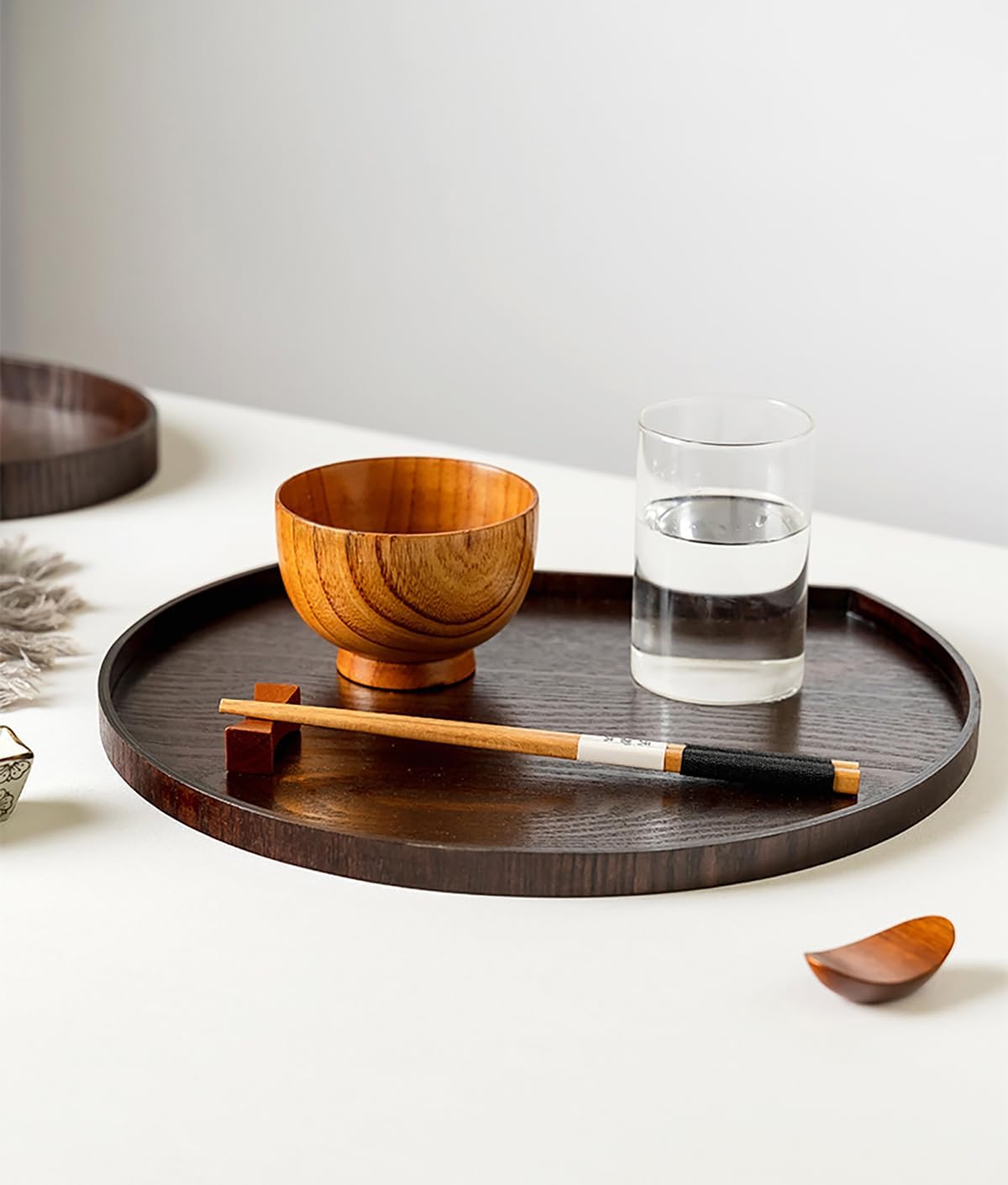 MIYUNO トレー 木製 茶席 お盆 半月形 半月盆 おぼん 天然木 トレイ ガラス 小物入れ 茶道具 茶托 おしゃれ 盛器 ガラス皿 小物入れ 茶道具 お皿 小皿 豆皿 胡桃色 カフェトレー ティートレー 中国茶器 急須置き お洒落 おしゃれ YUETO