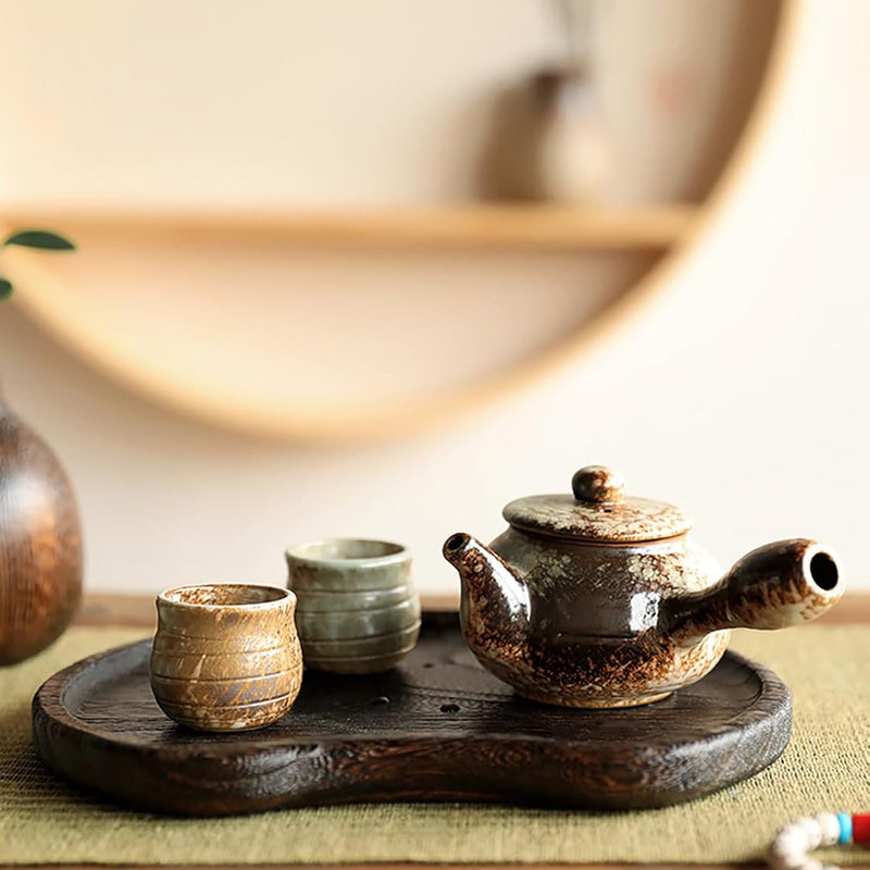 MIYUNO トレー 木製 茶席 お盆 半月形 半月盆 天然木 トレイ ガラス 小物入れ 茶道具 茶托 おしゃれ 盛器 ガラス皿 小物入れ 茶道具 お皿 小皿 豆皿 胡桃色 カフェトレー ティートレー 中国茶器 急須置き お洒落 おしゃれ