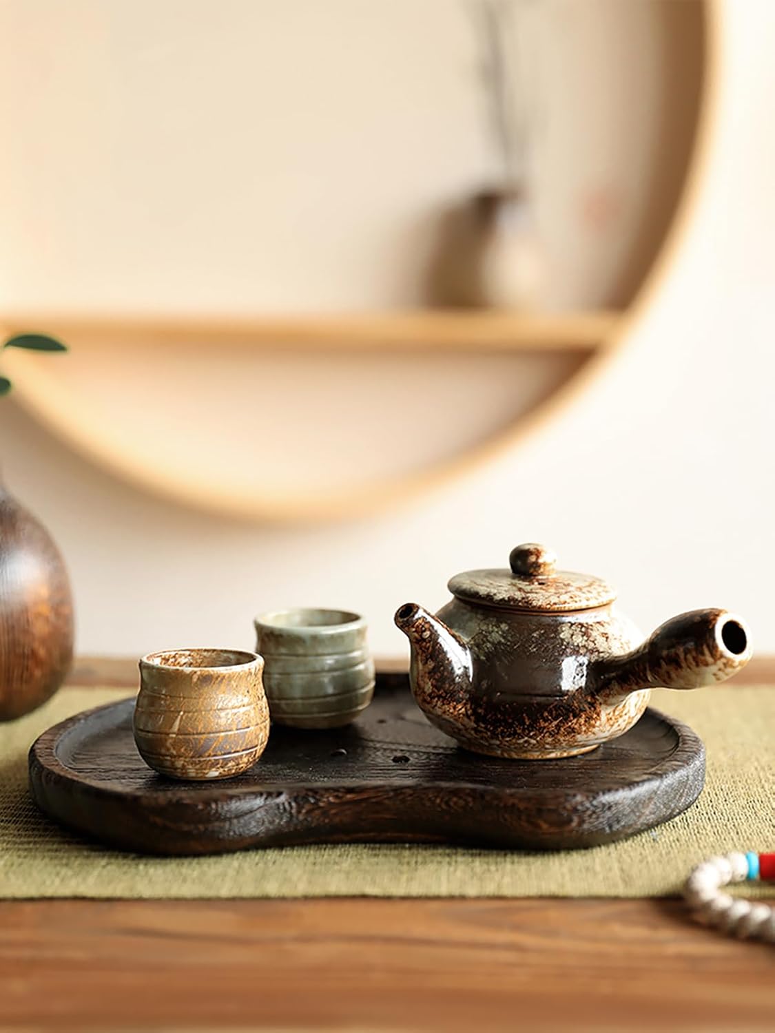 MIYUNO トレー 木製 茶席 お盆 半月形 半月盆 天然木 トレイ ガラス 小物入れ 茶道具 茶托 おしゃれ 盛器 ガラス皿 小物入れ 茶道具 お皿 小皿 豆皿 胡桃色 カフェトレー ティートレー 中国茶器 急須置き お洒落 おしゃれ