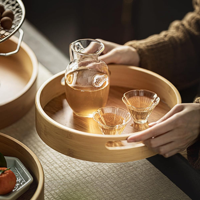 トレー お盆 竹製 滑らないトレー 天然竹 多目的トレイ 小物入れ 北欧 トレイ カフェトレー コースター 茶托 ティートレー 前菜プレート ランチョン お膳 お茶 食事用 卓上用トレイ 定食用 多機能 便利 家庭用 業務用 円形 直径35cm