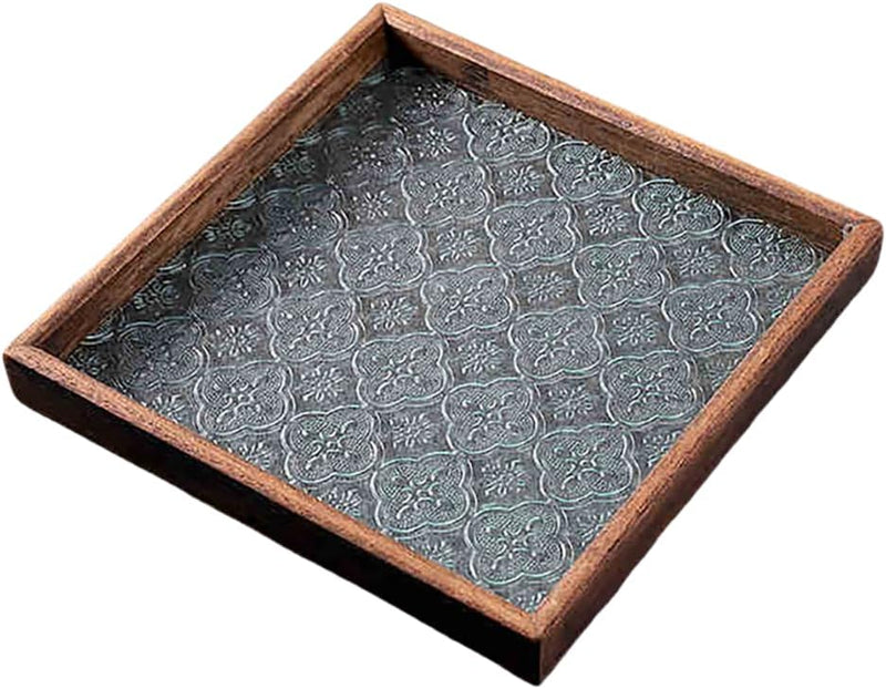 MIYUNOトレー 木製 茶席 お盆 正方形 六角形 トレイ ガラス 小物入れ 茶道具 茶托 おしゃれ 盛器 ガラス皿 小物入れ 茶道具 お皿 小皿 豆皿 胡桃色 カフェトレー ティートレー 中国茶器 急須置き お洒落