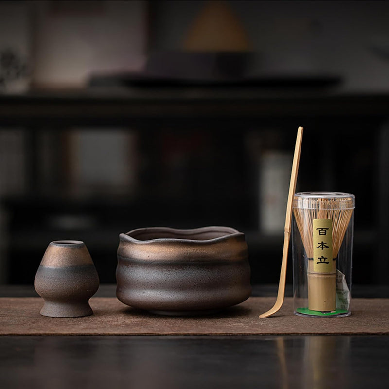 抹茶セット 茶道具 初心者 自宅用 お点前セット 4点セット 陶器 抹茶茶碗 茶杓 茶筅 茶せん 百本立 茶筅立て くせ直し お手入れも簡単 母の日 父の日 誕生日 贈り物 侘寂 レトロ 鎏金 450ml