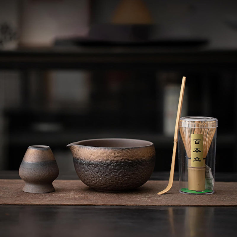 抹茶セット 茶道具 初心者 自宅用 お点前セット 4点セット 陶器 抹茶茶碗 茶杓 茶筅 茶せん 百本立 茶筅立て くせ直し お手入れも簡単 母の日 父の日 誕生日 贈り物 侘寂 レトロ 鎏金 450ml