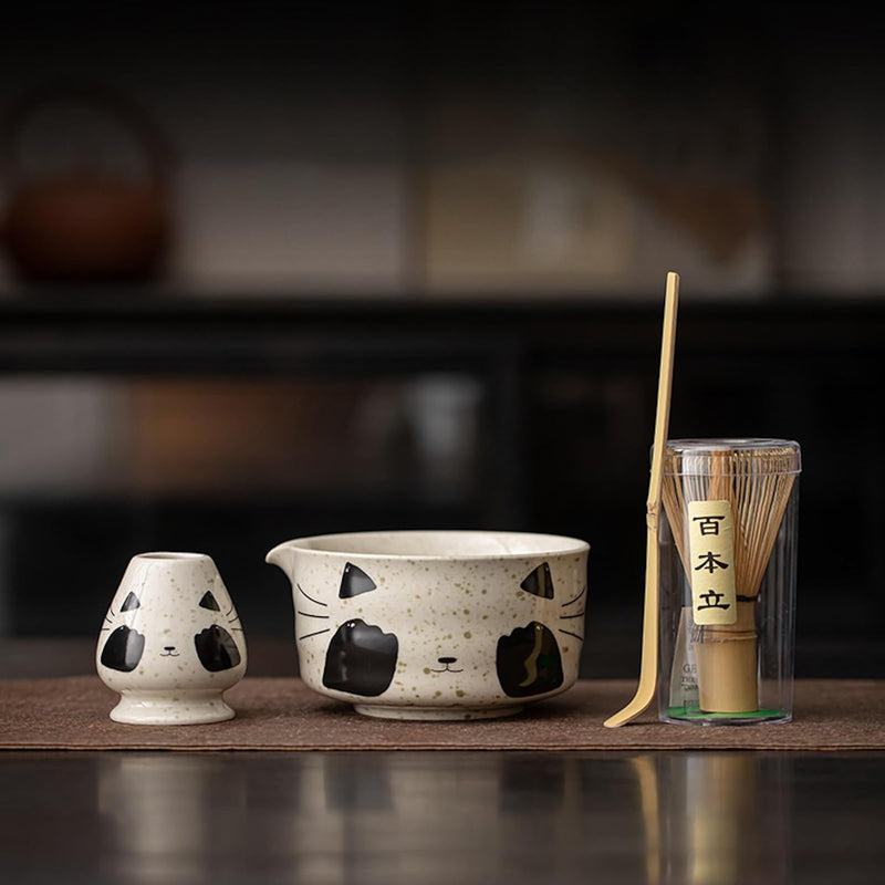 MIYUNO 抹茶茶碗 茶道具 抹茶セット お点前セット セット 道具 初心者 自宅用 matcha set 茶道 茶器 抹茶スターター おうち時間グッズ お手入れも簡単 持ち運び アウトドア 母の日 父の日 誕生日 贈り物 人気 おしゃれ かわいい 猫柄 500ml CJ101