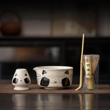 MIYUNO 抹茶茶碗 茶道具 抹茶セット お点前セット セット 道具 初心者 自宅用 matcha set 茶道 茶器 抹茶スターター おうち時間グッズ お手入れも簡単 持ち運び アウトドア 母の日 父の日 誕生日 贈り物 人気 おしゃれ かわいい 猫柄 500ml CJ101