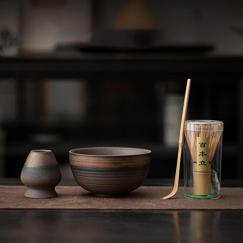 抹茶セット 茶道具 初心者 自宅用 お点前セット 4点セット 陶器 抹茶茶碗 茶杓 茶筅 茶せん 百本立 茶筅立て くせ直し お手入れも簡単 母の日 父の日 誕生日 贈り物 侘寂 レトロ 鎏金 450ml