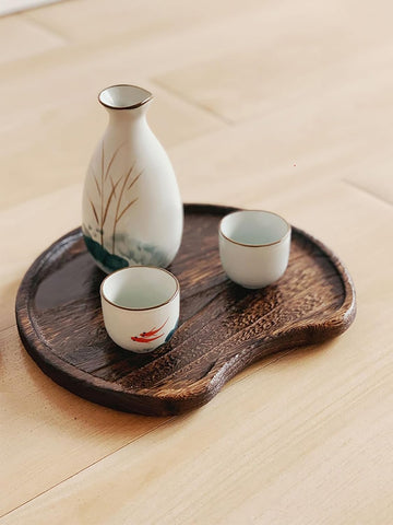 MIYUNO トレー 木製 茶席 お盆 半月形 半月盆 天然木 トレイ ガラス 小物入れ 茶道具 茶托 おしゃれ 盛器 ガラス皿 小物入れ 茶道具 お皿 小皿 豆皿 胡桃色 カフェトレー ティートレー 中国茶器 急須置き お洒落 おしゃれ
