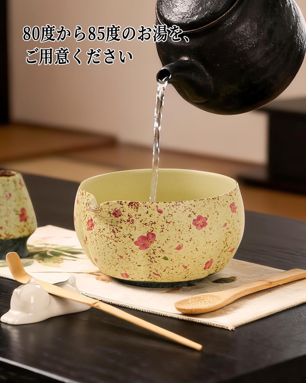 抹茶セット 茶道セット 8点 桜模様 茶碗 茶筅 茶杓 粉篩 茶器 付き 初心者 ギフトボックス 贈り物 に
