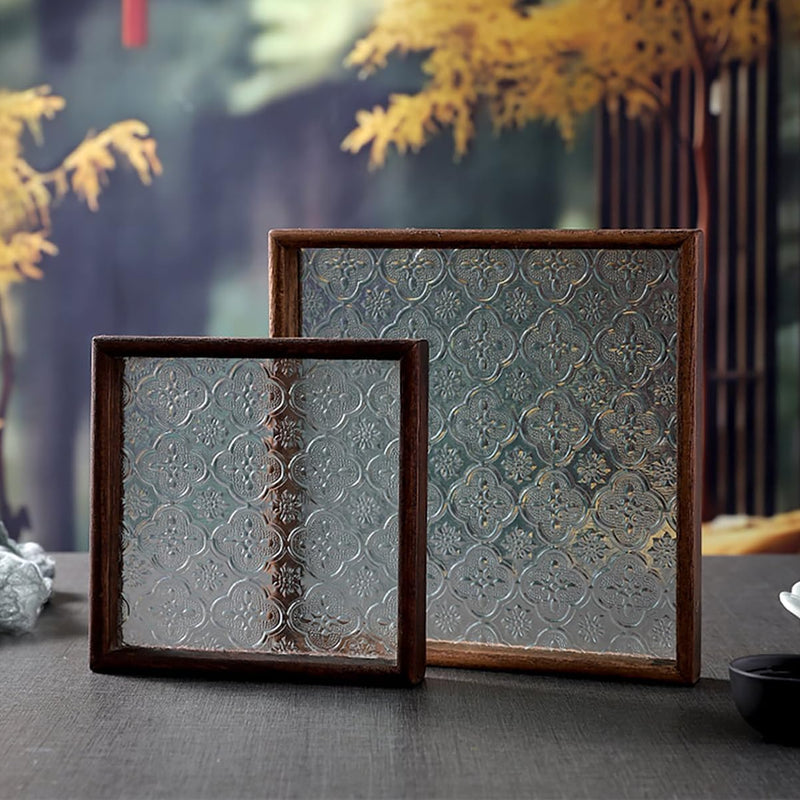 MIYUNOトレー 木製 茶席 お盆 正方形 六角形 トレイ ガラス 小物入れ 茶道具 茶托 おしゃれ 盛器 ガラス皿 小物入れ 茶道具 お皿 小皿 豆皿 胡桃色 カフェトレー ティートレー 中国茶器 急須置き お洒落