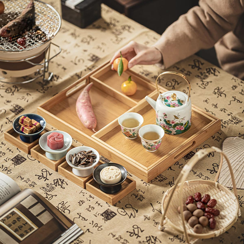 お盆 トレー 竹製 滑らないトレー 天然竹 多目的トレイ 小物入れ 北欧 トレイ カフェトレー コースター 茶托 ティートレー 前菜プレート ランチョン お膳 お茶 食事用 卓上用トレイ 定食用 多機能 便利 家庭用 業務用 9グリッド 42.5×30×3.5cm ブラック