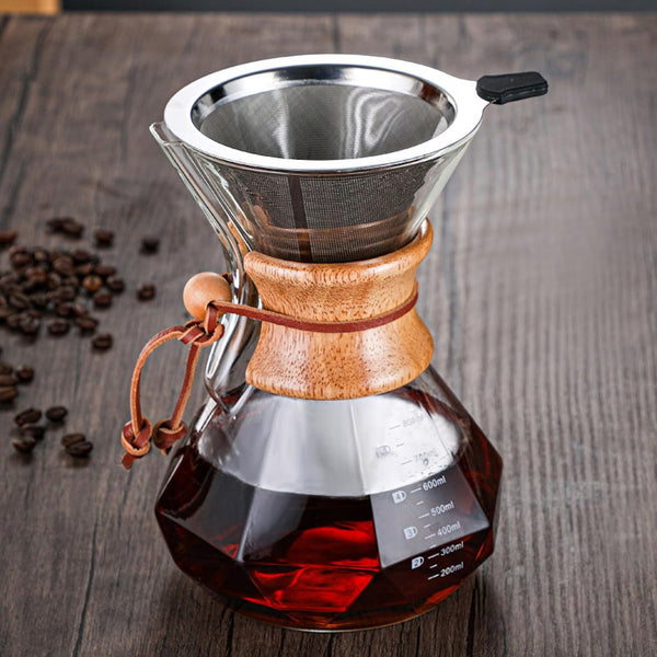 JIKANNOYA コーヒーポット 割れない 800ml 高ホウ素シリカガラス材料 目盛付き 直火対応 無垢材のハンドル コーヒーサーバー ドリップコーヒーサーバー ペーパーコーヒーフィルター不要 ダイヤモンド 電子レンジ 食洗機対応 コーヒー用品 使いやすい 洗いやすい 多用途 家用 喫茶店 1~5杯用 ドリップ付き