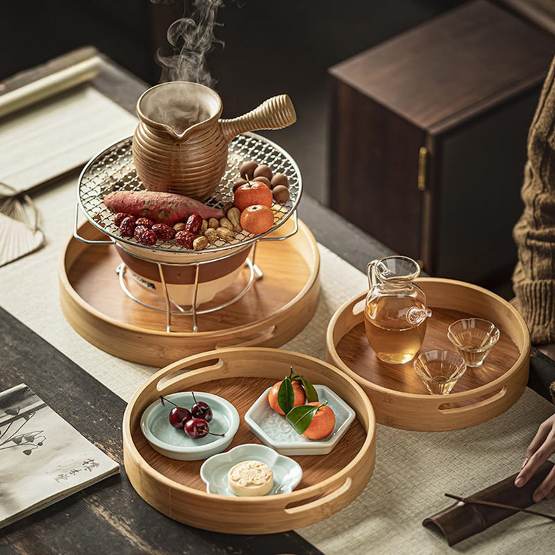 トレー お盆 竹製 滑らないトレー 天然竹 多目的トレイ 小物入れ 北欧 トレイ カフェトレー コースター 茶托 ティートレー 前菜プレート ランチョン お膳 お茶 食事用 卓上用トレイ 定食用 多機能 便利 家庭用 業務用 円形 直径25cm