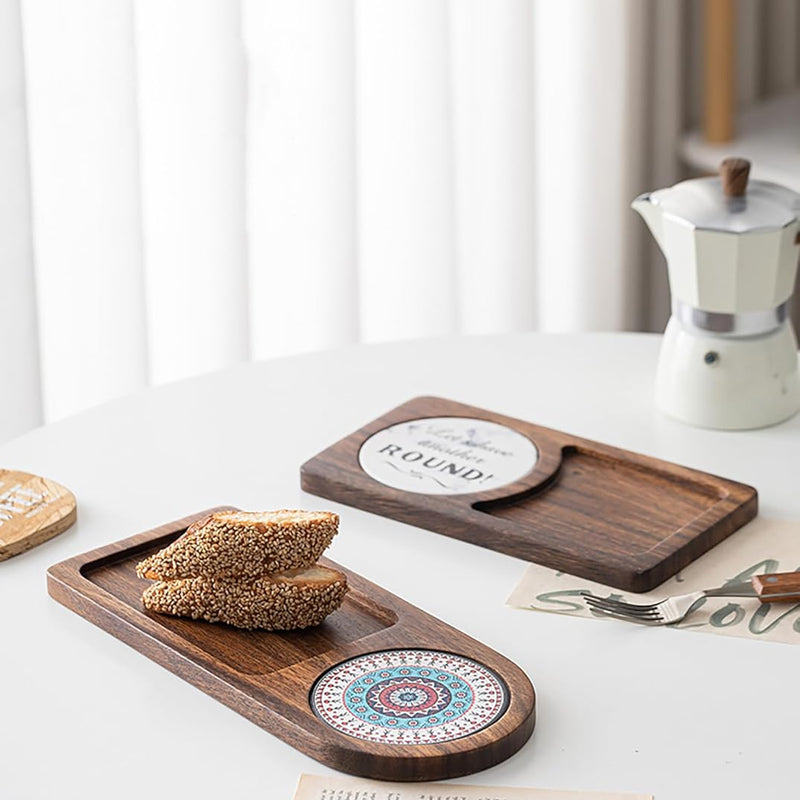 MIYUNO トレー コースター 丸型 仕切り 木製 茶席 お盆 天然木 トレイ 小物入れ 茶道具 茶托 盛器 お皿 小皿 豆皿 胡桃色 カフェ ティー 中国茶器 急須置き 朝食 カフェスデザート スナックアフタヌーンティー おしゃれ CHAKA-BD