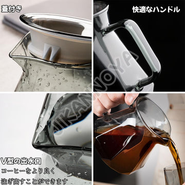 コーヒーサーバー 割れない 耐熱ガラス コーヒードリッパー ハンドドリップセット コーヒー サーバー 高ホウ素シリカガラス材料 直火対応 耐寒性 透明 蓋付き 電子レンジ·食洗機対応 目盛り付き コーヒー用品 使いやすい 洗いやすい 多用途 家用 喫茶店 1~4杯用 ダイヤモンド 600ml