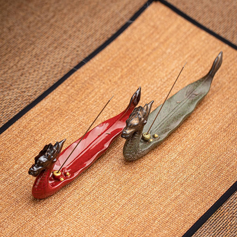 お香立て 灰がこぼれない 横置き 龍 線香立て 陶器 おしゃれ インセンスホルダー 香炉 線香皿 線香 御洒落 人気 仏壇用 睡眠 リラックス 茶室 茶道 瞑想 書斎 長さ21cm グリーン