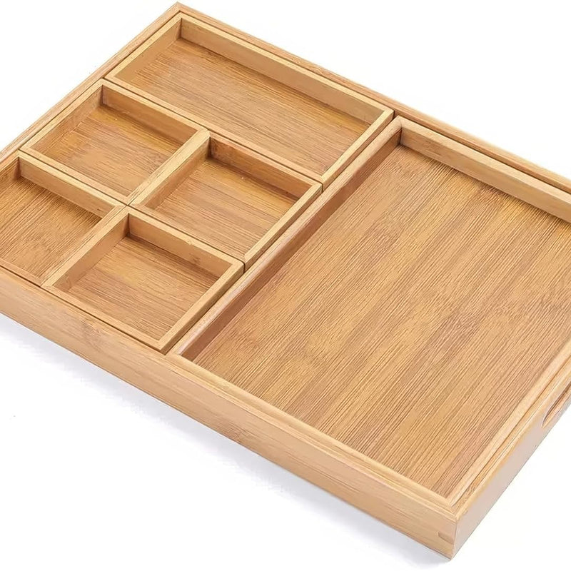 お盆 トレー 竹製 滑らないトレー 天然竹 多目的トレイ 小物入れ 北欧 トレイ カフェトレー コースター 茶托 ティートレー 前菜プレート ランチョン お膳 お茶 食事用 卓上用トレイ 定食用 多機能 便利 家庭用 業務用 9グリッド 42.5×30×3.5cm ブラック