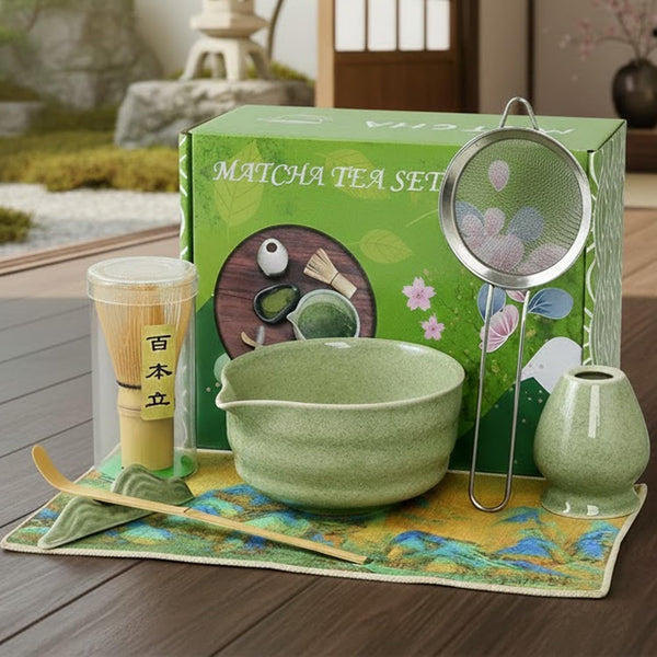 『matcha set』抹茶セット 茶道具 7点 フルセット 抹茶碗 茶筅 茶杓 茶筅立て 茶巾 茶こし 茶漉し 茶道体験 手作り上釉り 茶道の練習 家庭用 初心者向け 抹茶セット 和風 オールシーズン対応 抹茶ラテ作りに最適 プレゼント (まっちゃ（7個セット）