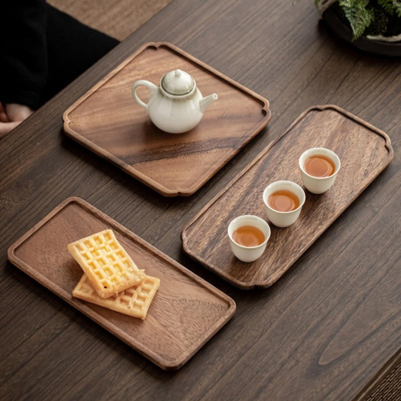 お盆 木製トレー 滑らないトレー ウオルナット 天然木 多目的トレイ 小物入れ 北欧 トレイ カフェトレー コースター 茶托 ティートレー 前菜プレート ランチョン お膳 お茶 食事用 卓上用トレイ 定食用 多機能 便利 家庭用 業務用 28×18cm 2個入り