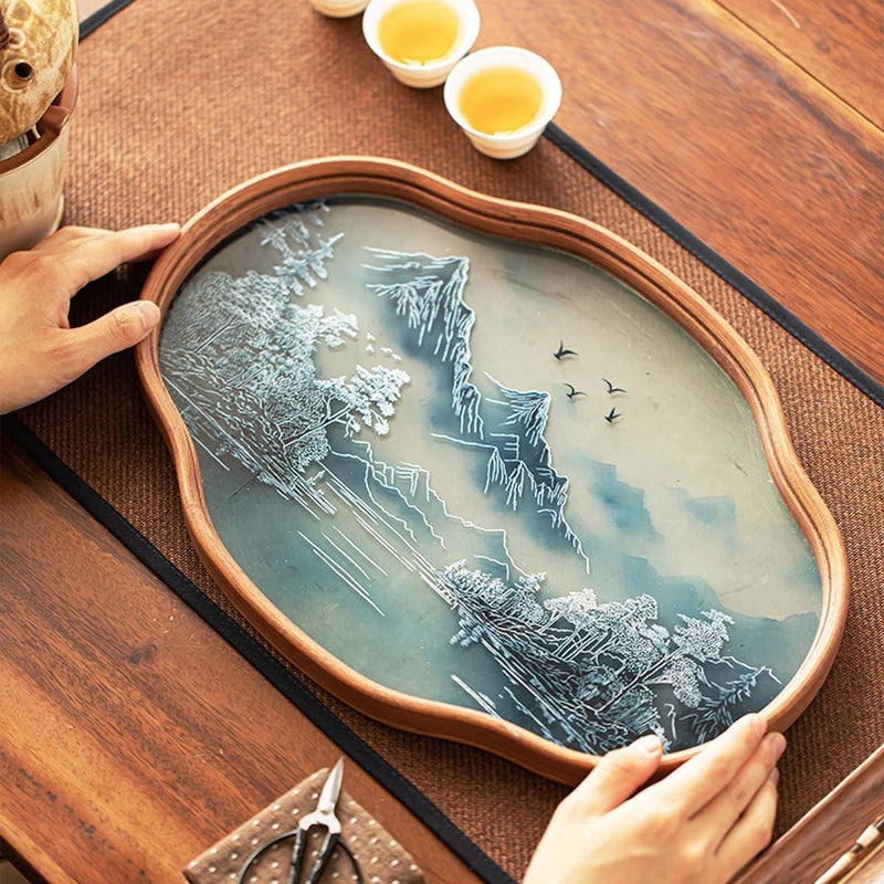 JIKANNOYA トレー お盆 竹製 滑らないトレー 天然竹 花海棠 多目的トレイ 小物入れ 北欧 トレイ カフェトレー コースター 茶托 ティートレー 前菜プレート ランチョン お膳 お茶 食事用 卓上用トレイ 定食用 多機能 便利 家庭用 業務用 29×21.5×2.5cm