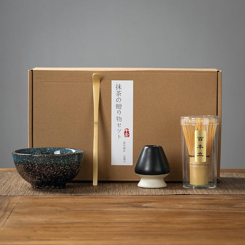 抹茶セット 初心者 お点前セット 茶道具 セット 4点セット 陶器 抹茶碗 茶杓 茶筅 茶せん 百本立 茶筅立て くせ直し お手入れも簡単 母の日 父の日 誕生日 贈り物 220ml