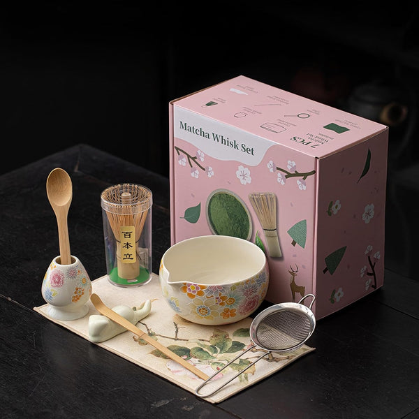 抹茶セット 抹茶 セット 自宅用 茶道具 初心者 お点前セット 抹茶 陶器 抹茶茶碗 茶杓 ネコ茶杓立て 茶せん 百本立 茶筅立て くせ直し 綿茶巾 抹茶篩 茶道セット matcha set for beginners お手入れも簡単 母の日 父の日 誕生日 贈り物 おしゃれ 8点セット 花柄 580ml アイボリー CJ150